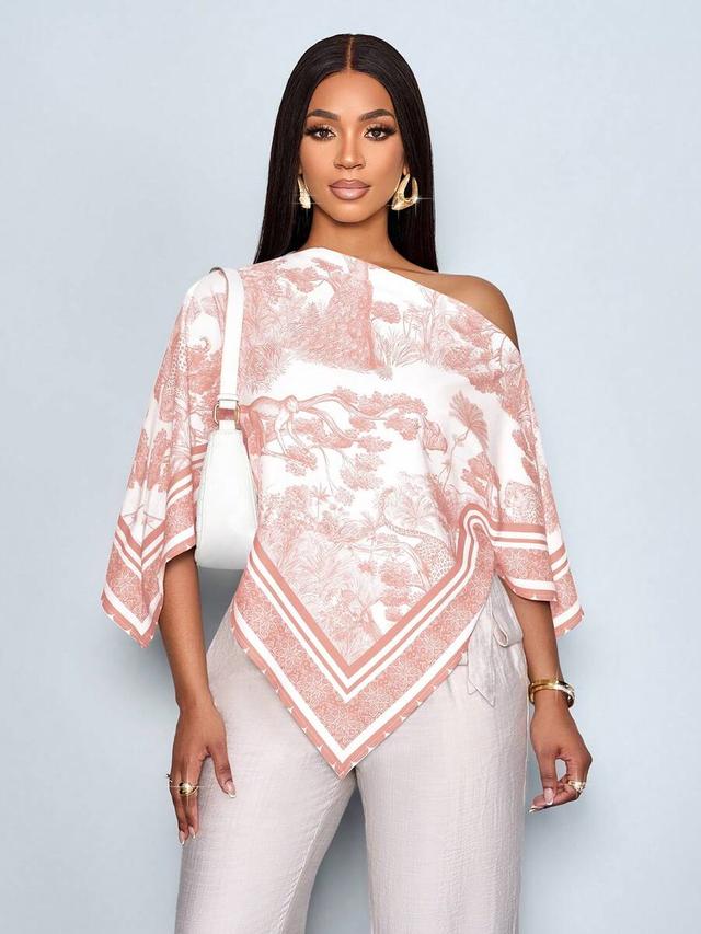 apricot patterned asymmetric neck batwing sleeve blouse