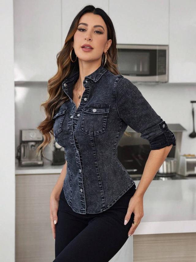 fitted black acid wash denim button up shirt