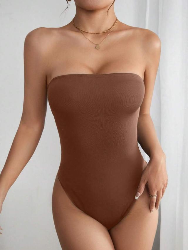 solid brown minimalist strapless bodysuit