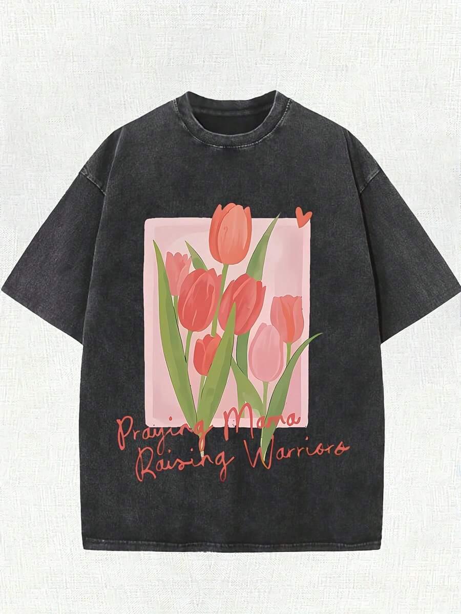 washed cotton graphic print round neck t-shirt