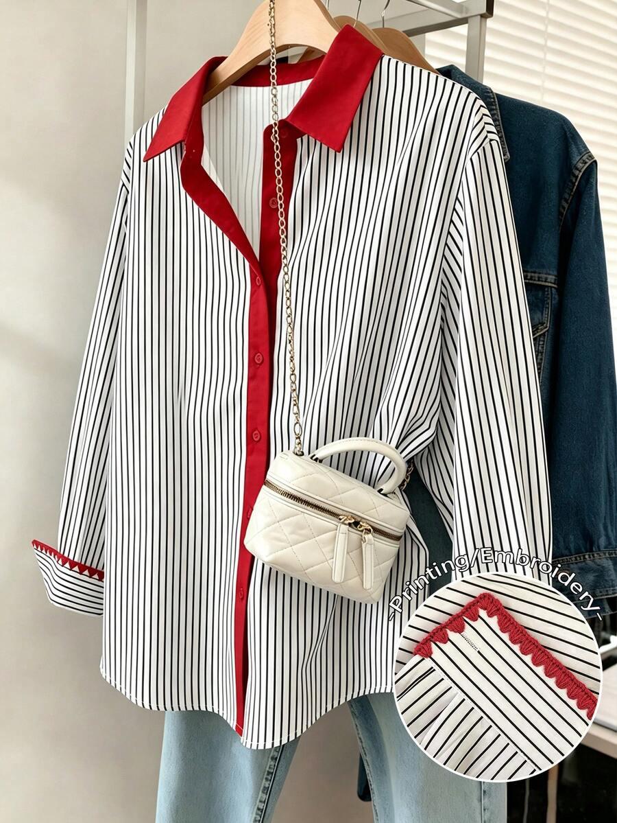 striped cotton commuter shirt with contrast red trim