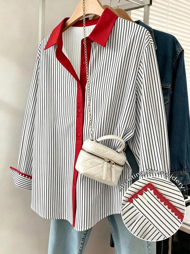 striped cotton commuter shirt with contrast red trim