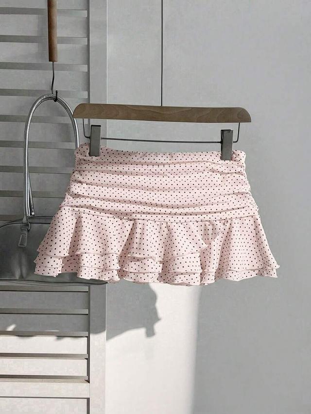 pink polka dot ruffled layered mini skirt