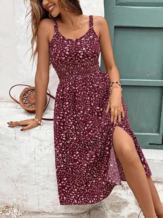 burgundy ditsy floral print midi dress