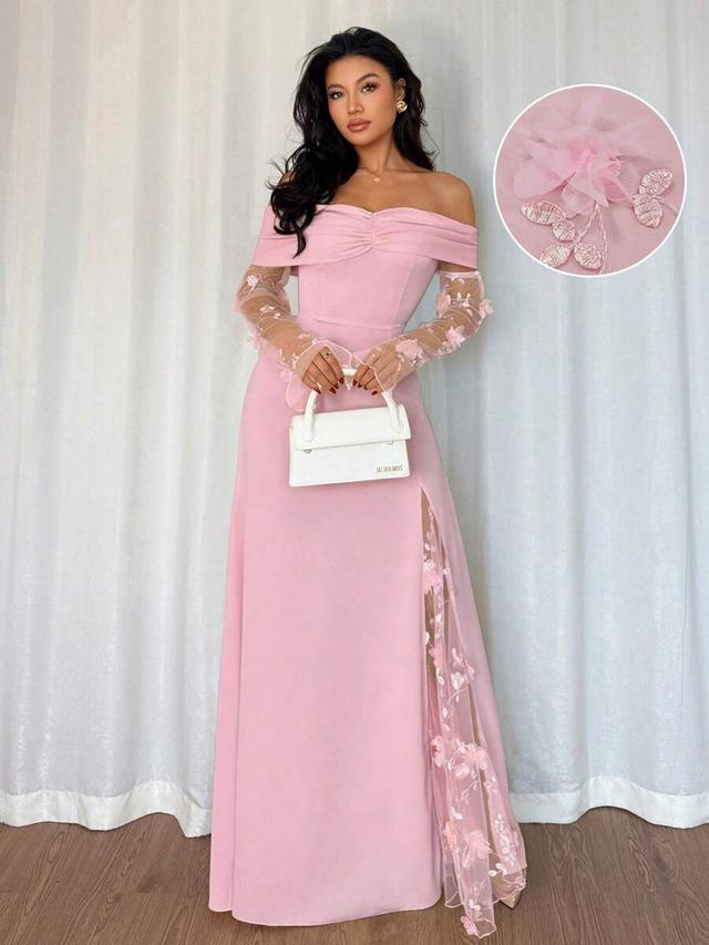 soft pink off shoulder mesh patchwork draped evening dress