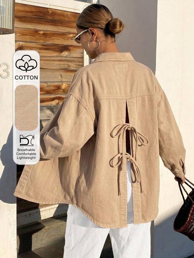 beige cotton denim shirt with back bowknot detail