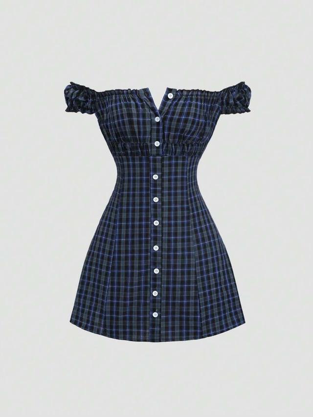 sweetra sweet & spicy plaid off-shoulder button up dress