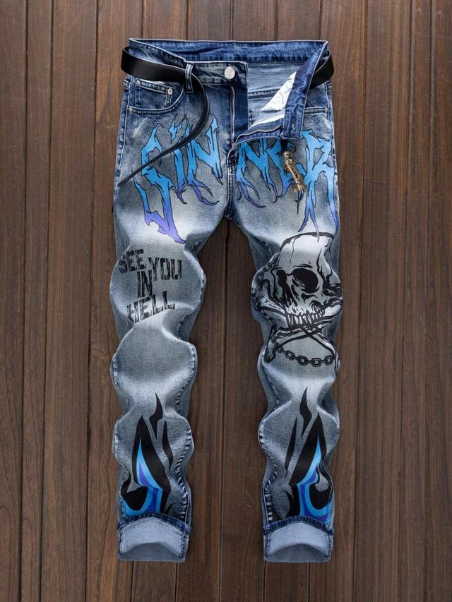 men's straight tube slim fit y2k printed embroidered jeans