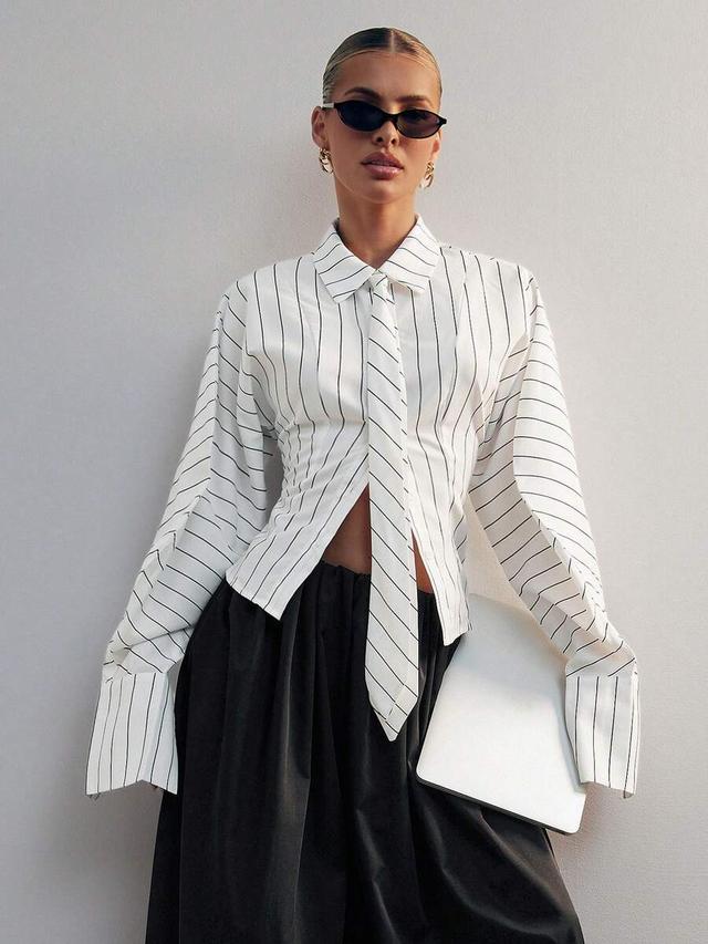 white striped long sleeve tie neck blouse