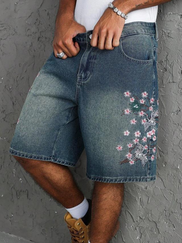 manfinity emrg embroidered blue denim shorts