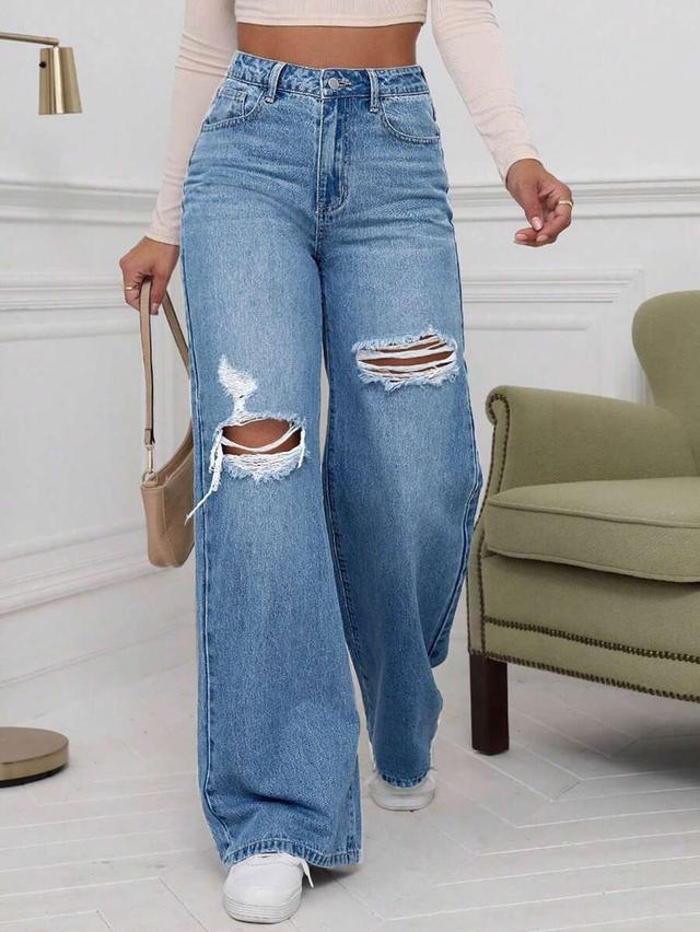 high-waisted distressed wide-leg blue denim jeans