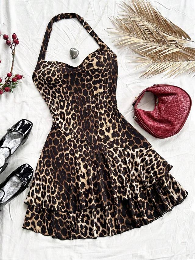 leopard print ruffle neck sleeveless mini dress