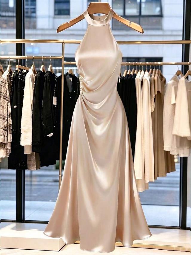 gloweve elegant satin long dress with waist pleats