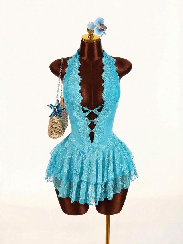 light blue lace halter neck mini dress