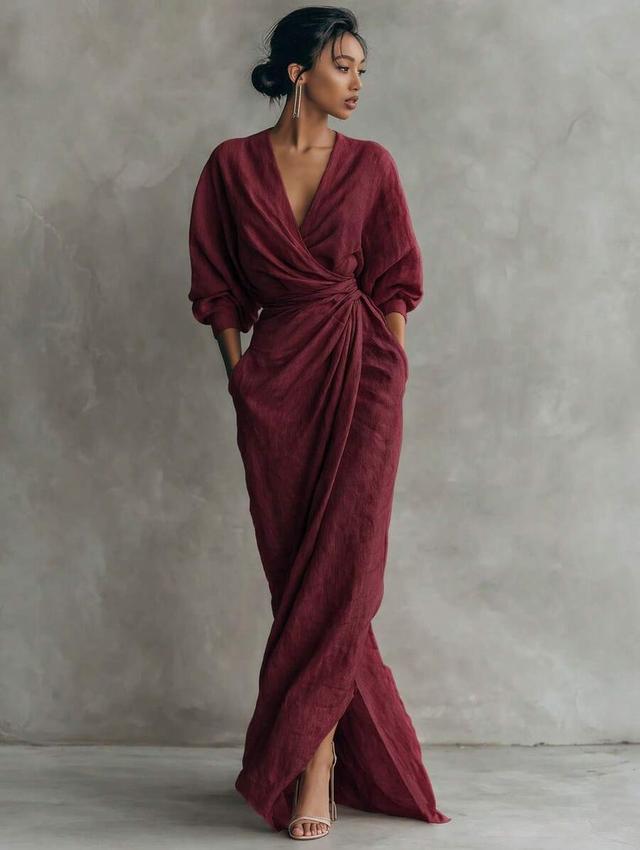 maroon wrap maxi dress with draped waist