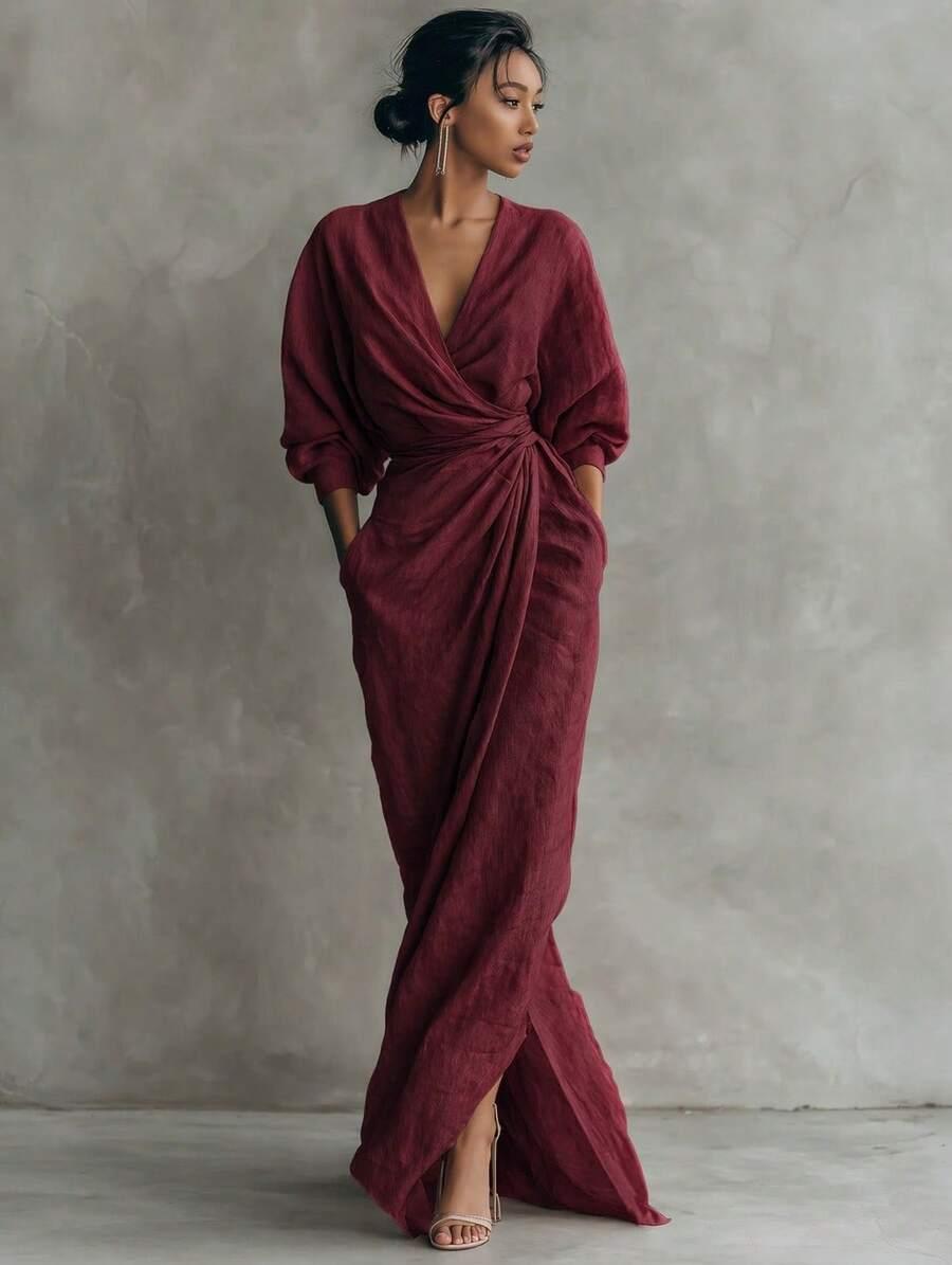 maroon wrap maxi dress with draped waist