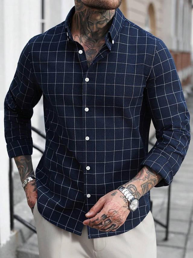 navy blue plaid long sleeve button up shirt