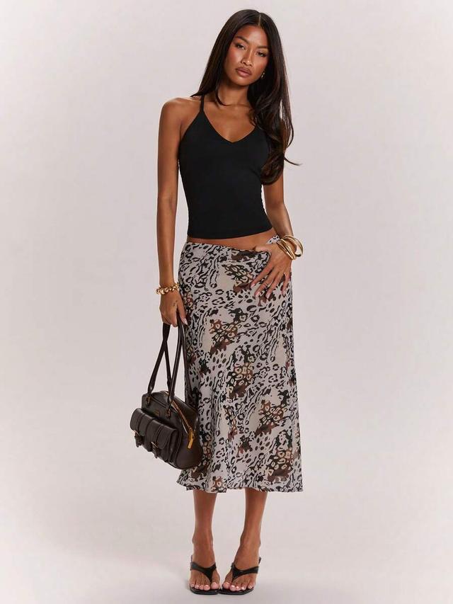 grey leopard print low-waist mid-length skirt
