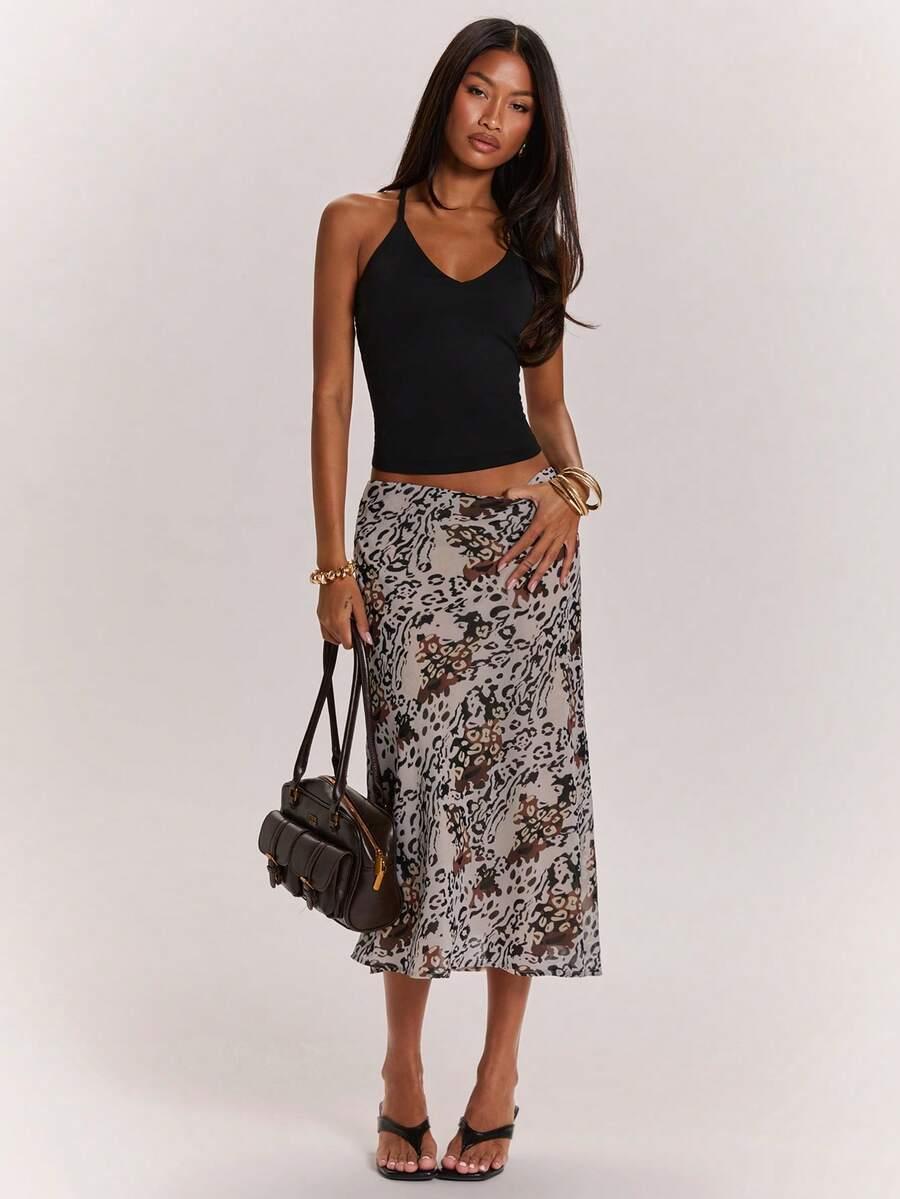 grey leopard print low-waist mid-length skirt