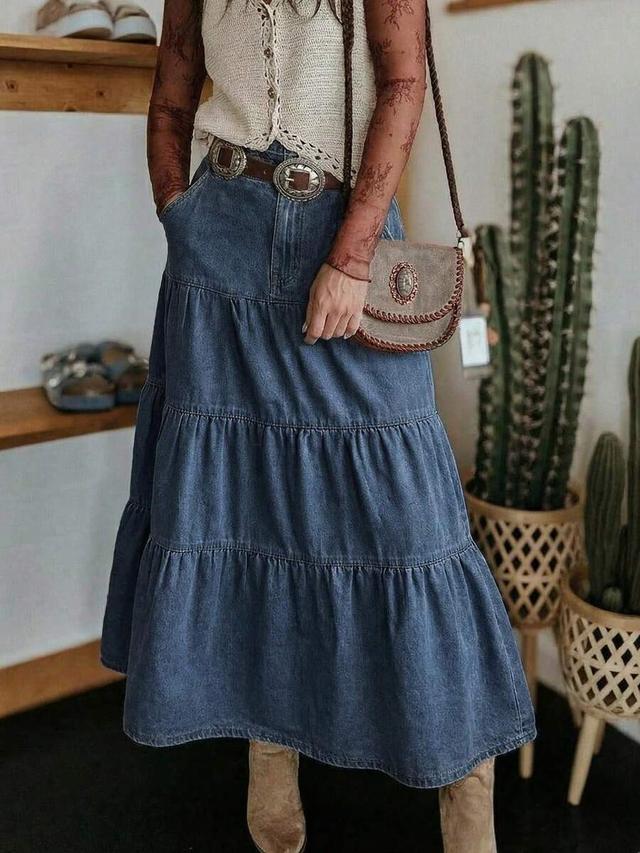 women's high waisted tiered denim maxi skirt