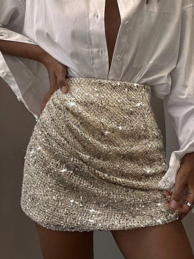 gold elegant gold sequin bodycon mini skirt with ruffle detail