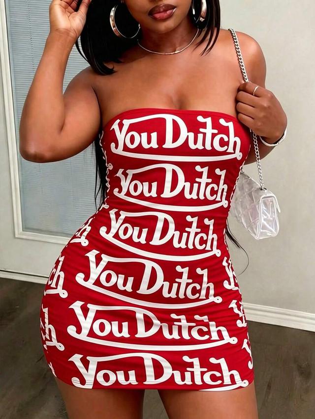 red strapless bodycon dress with white typography print