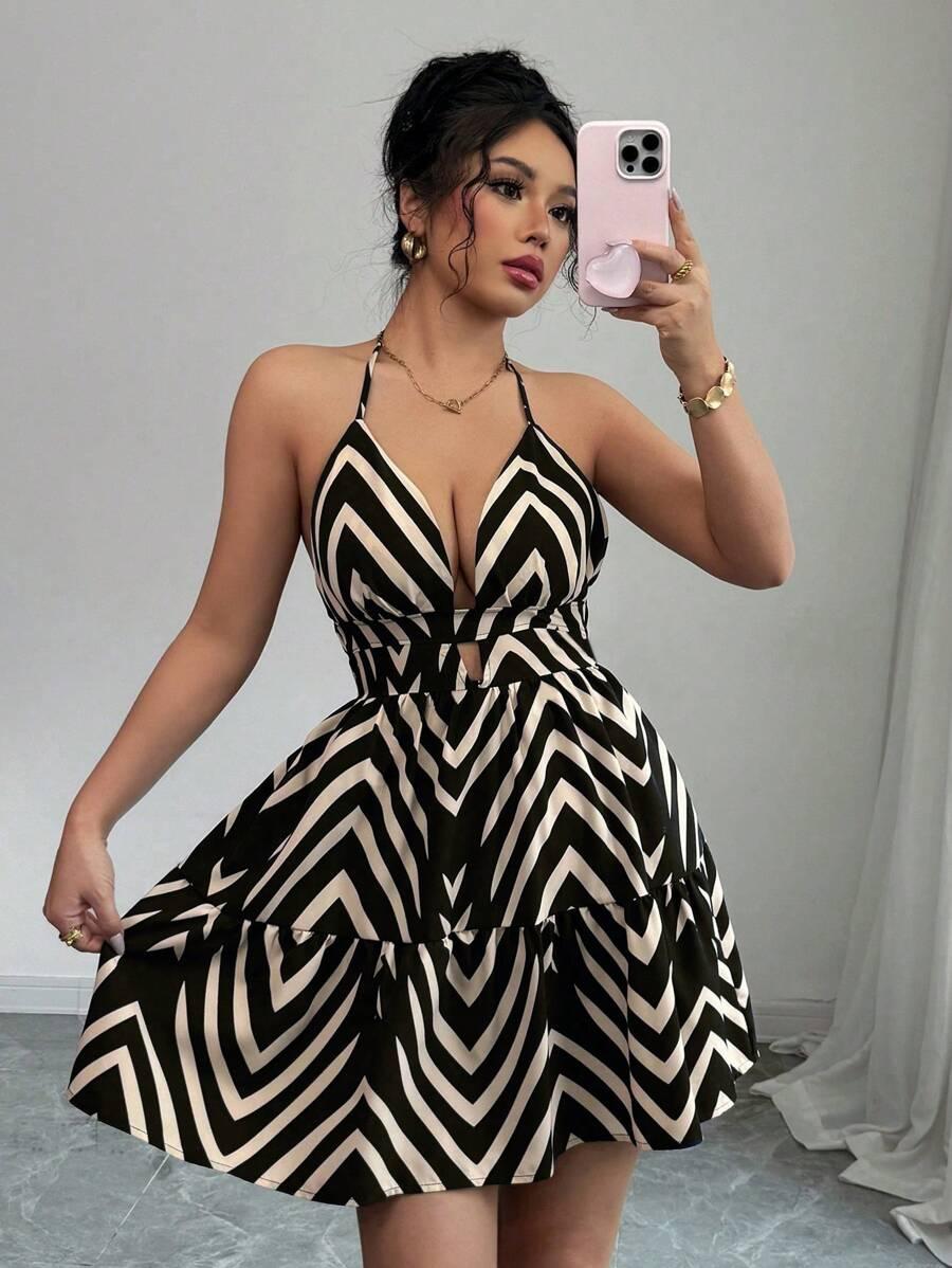 black and white chevron print backless halter dress