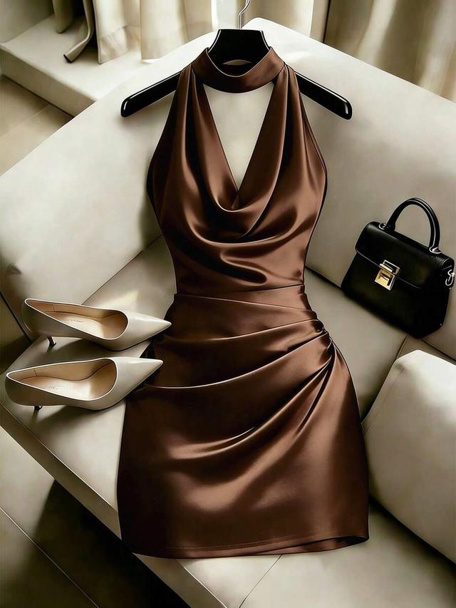 brown satin cowl neck halter mini dress