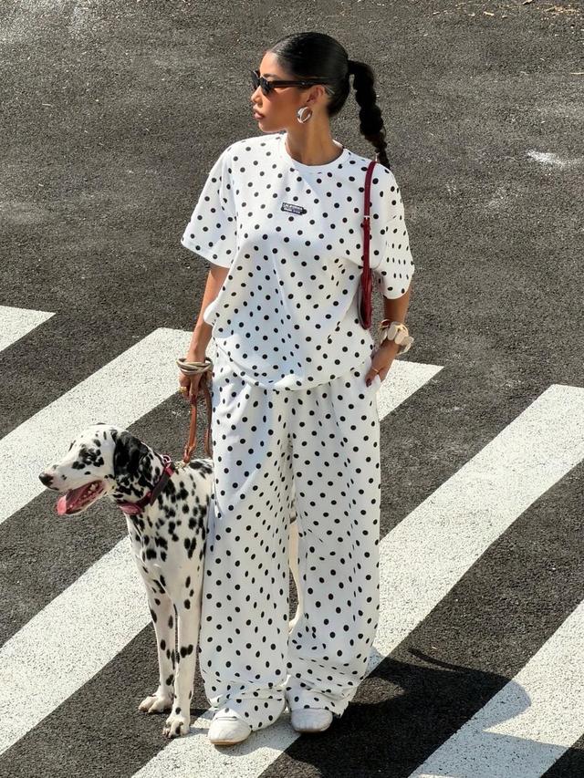white with black polka dots loose trousers