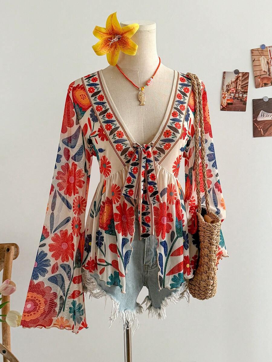 vintage floral print mesh v-neck long flare sleeve blouse