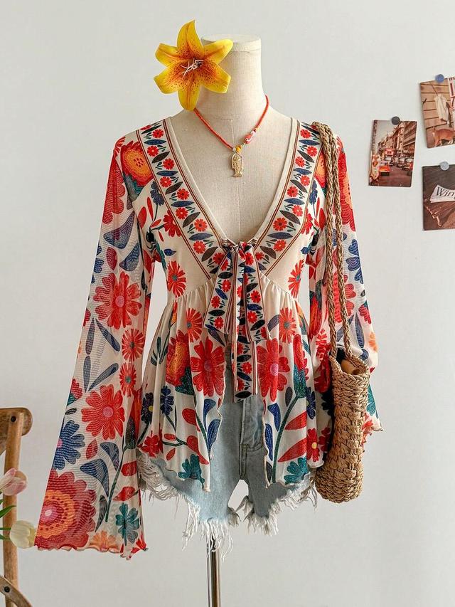 vintage floral print mesh v-neck long flare sleeve blouse