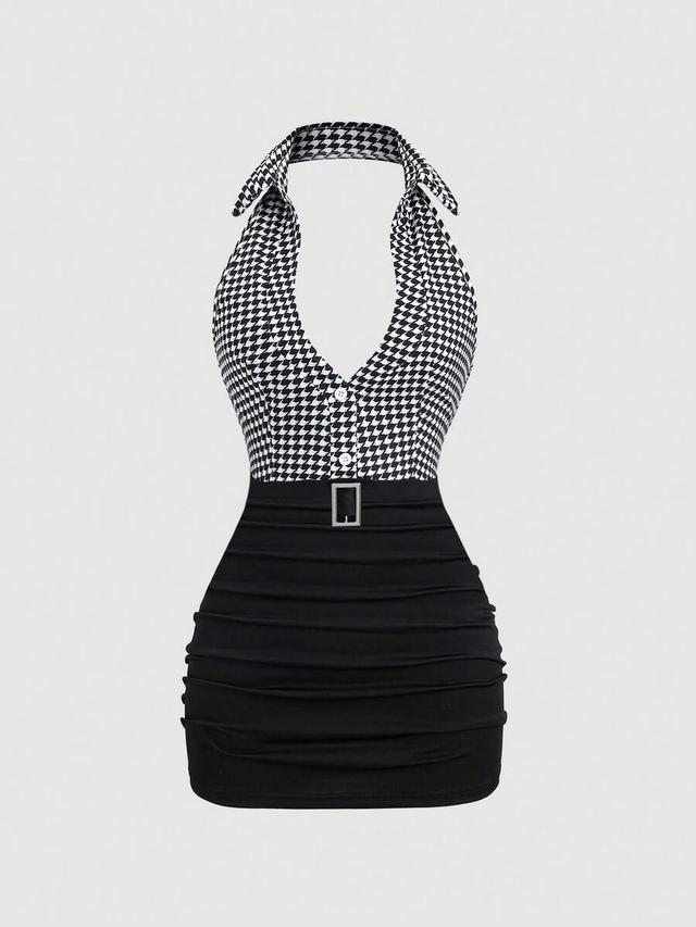 houndstooth patchwork contrast color fitted bodycon dress