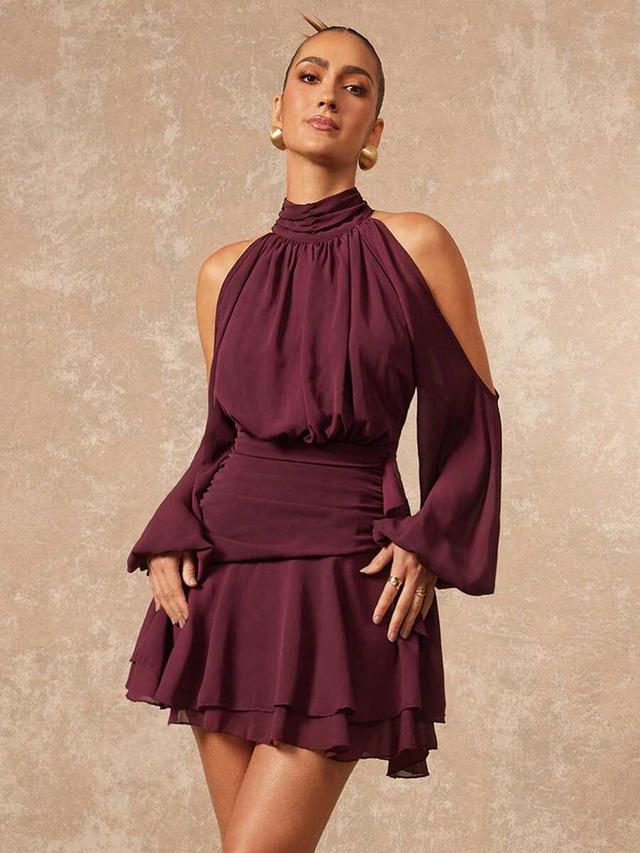rose red cold shoulder ruched mini dress