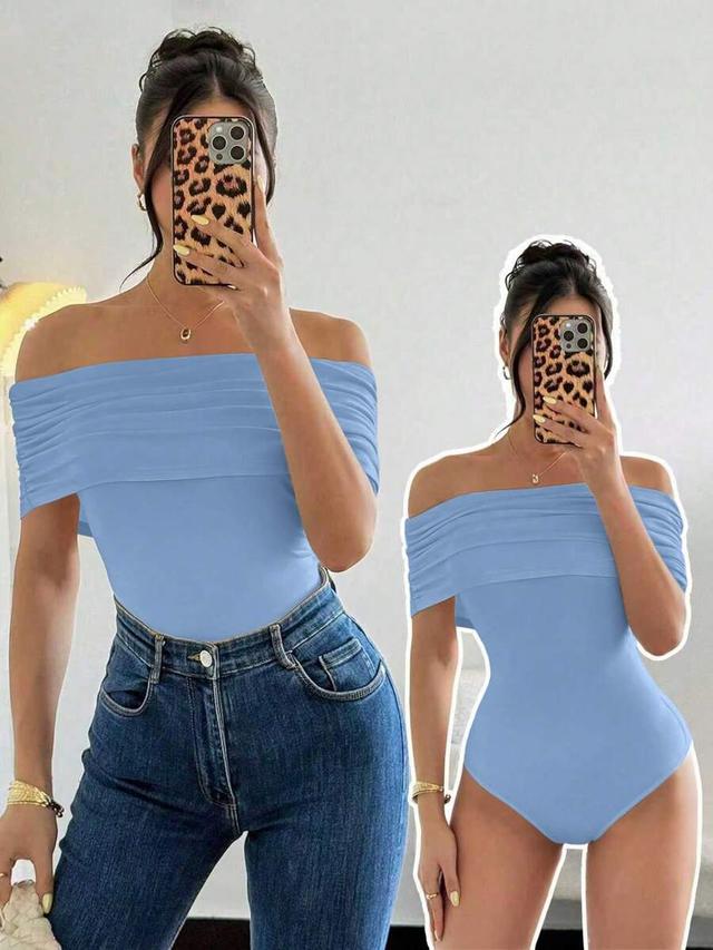 light blue off-shoulder ruched hem slim bodysuit