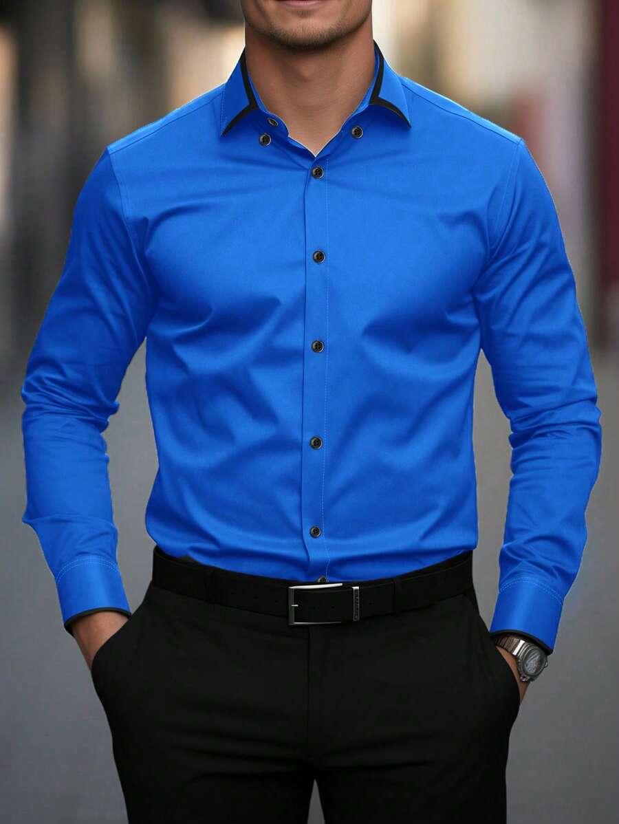 solid blue long sleeve button-up office shirt