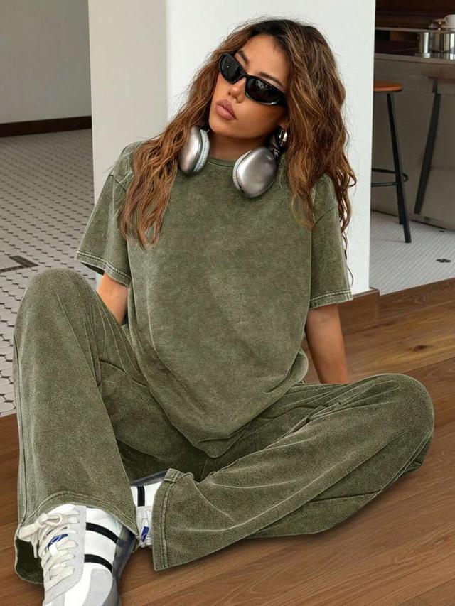vintage wash olive green loose fit straight leg pants