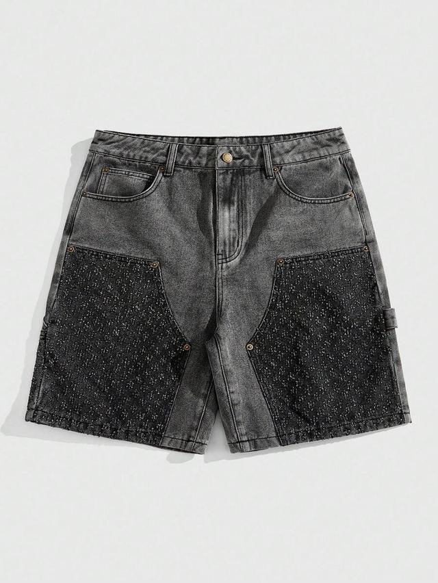 washed denim shorts with contrast textured panels