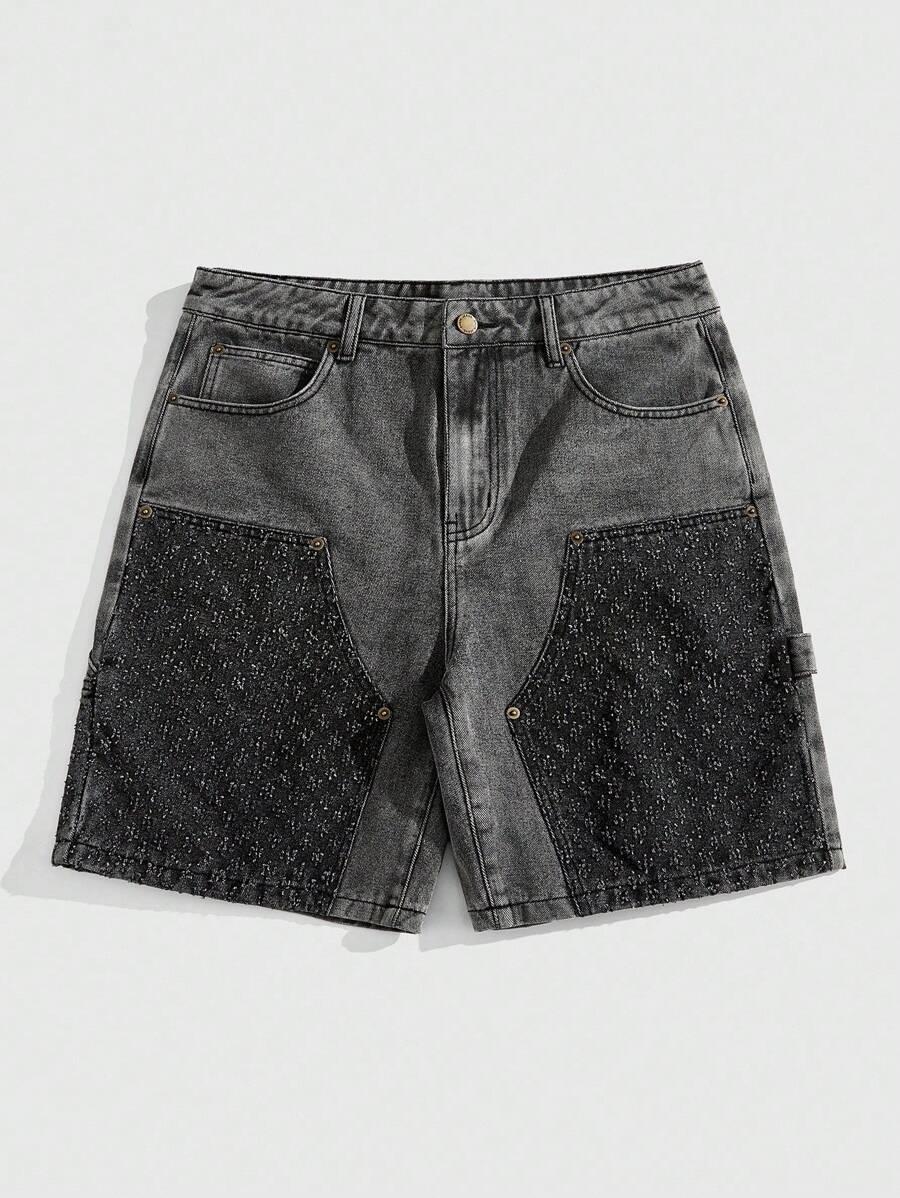 washed denim shorts with contrast textured panels