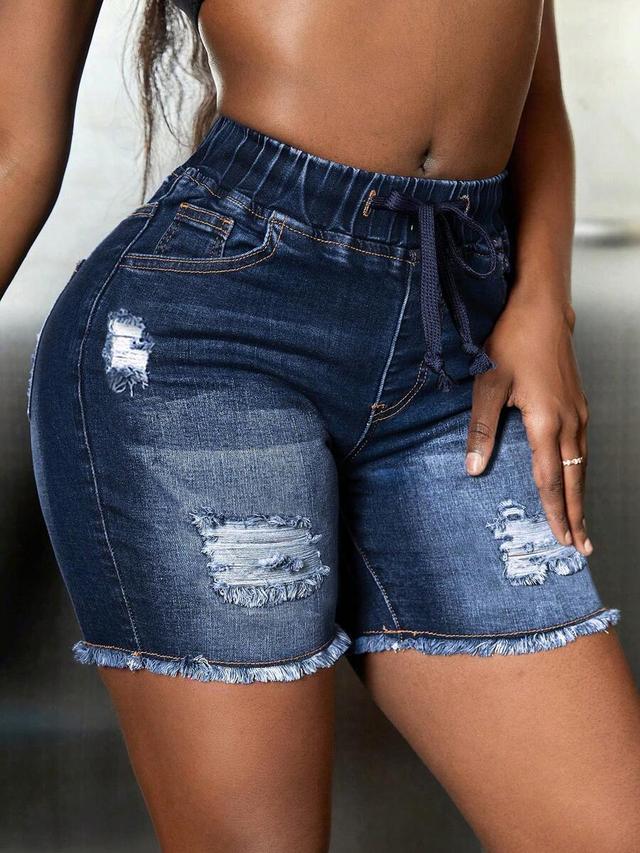distressed dark wash denim pull-on shorts