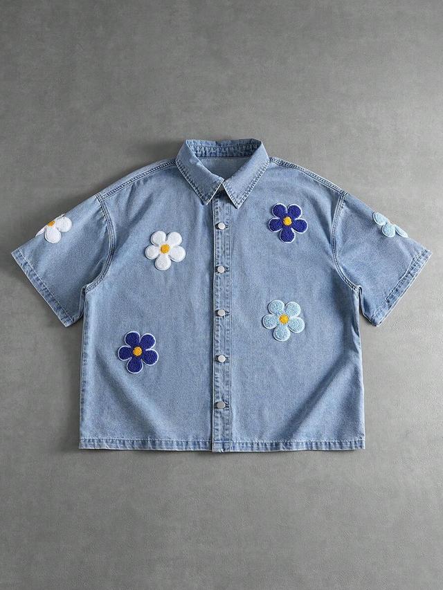 floral decor button down denim shirt