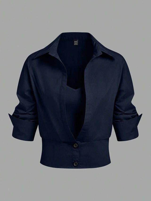 gloweve women's casual versatile solid navy blouse