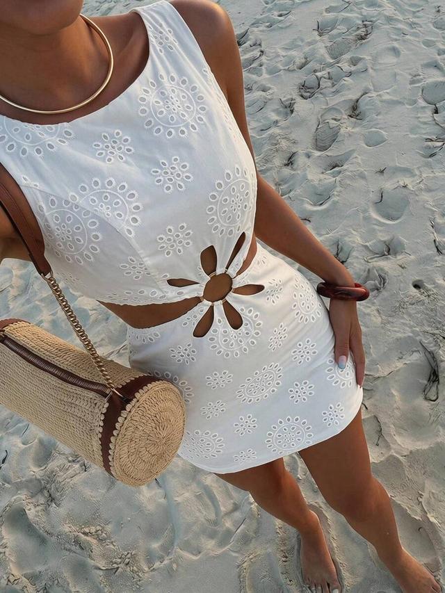 white floral eyelet cut out mini dress