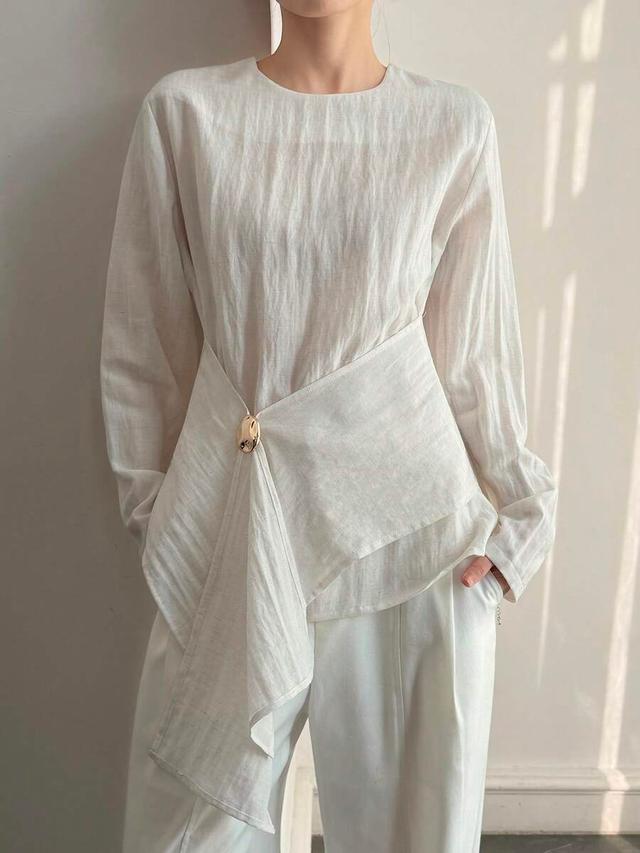 textured waist-cinching elegant commute gold decor blouse
