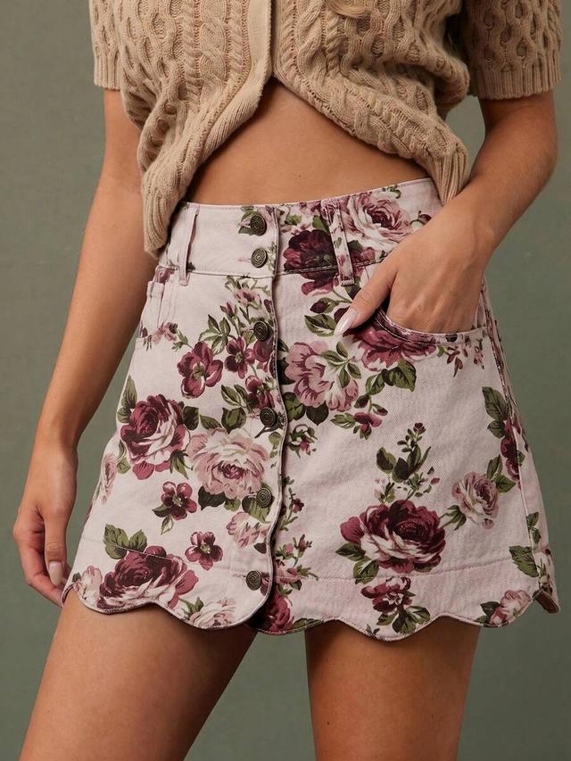 pink floral scalloped button front denim mini skirt