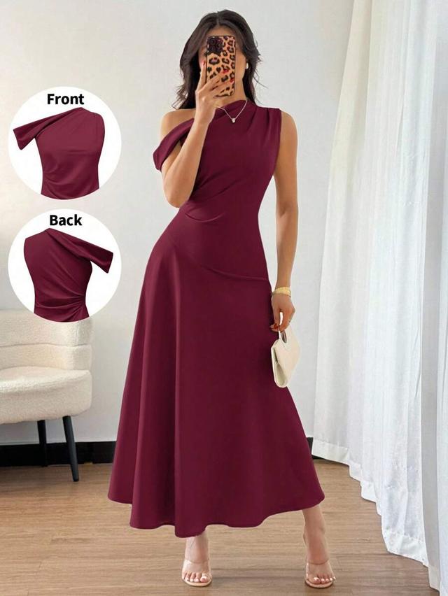 burgundy asymmetric neckline ruffle a-line formal gown