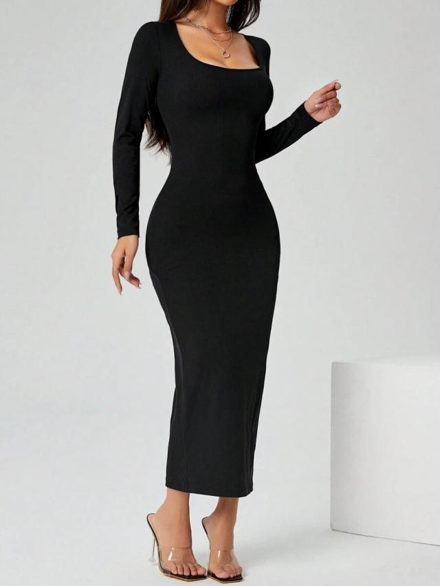 black square neck long-sleeved ribbed bodycon midi dress