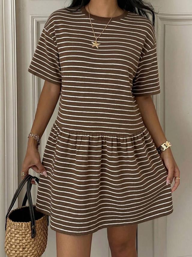 brown and white striped cotton drop waist dress