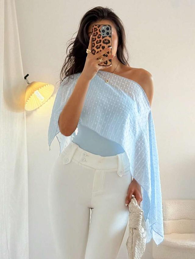 light blue swiss dot asymmetric raglan sleeve blouse