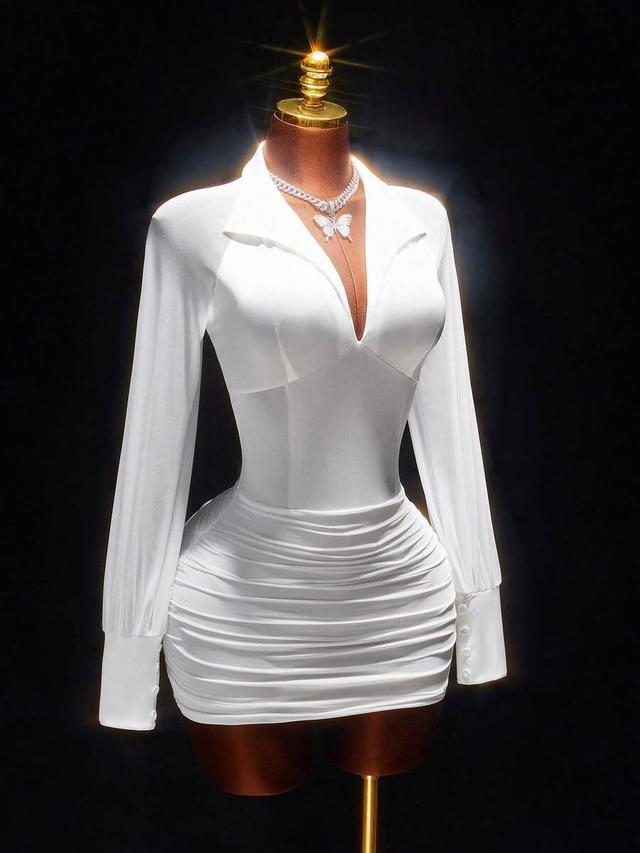 white long sleeve collared ruched mini dress
