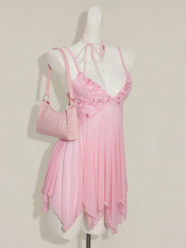 pink sequin embroidered v-neck mesh asymmetrical mini dress